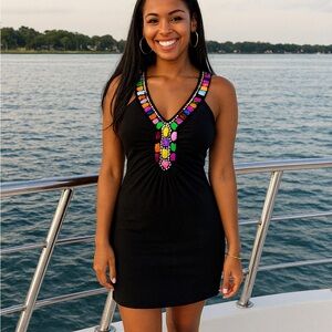 Black Stretch Dress Beaded Ruched Neckline XS